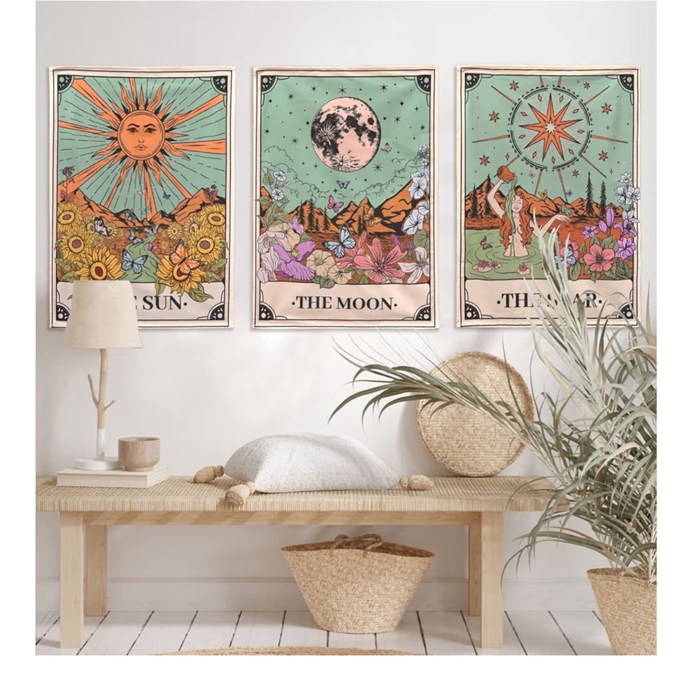 Boho Tarot Wall Art Trio - Sun, Moon & Star Prints in Teal and Orange